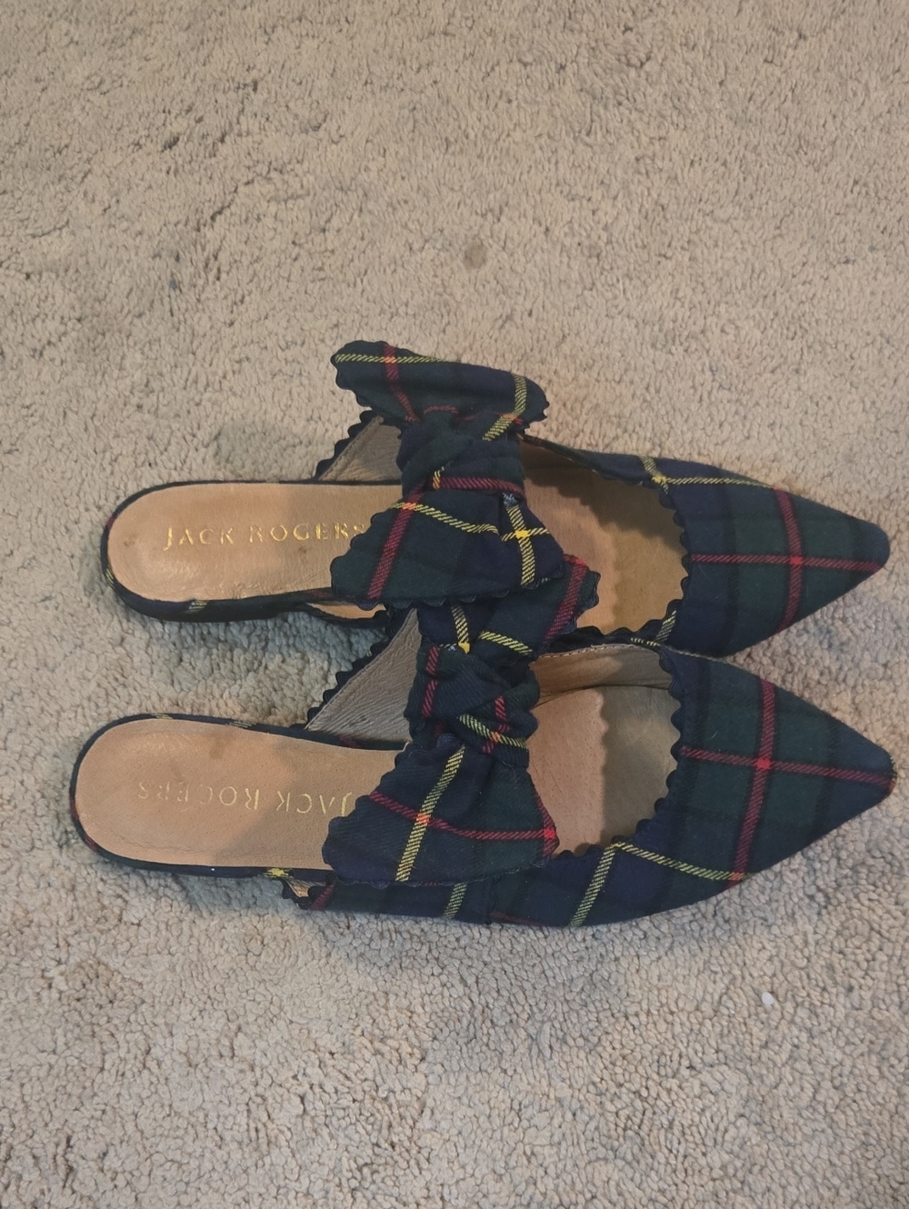 Jack Rogers Navy Green Plaid Bow Pointed-Toe Mules
